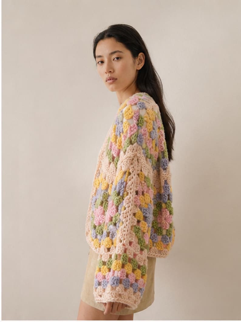 Pastel floral granny square cardigan crochet open front boho hand knit immagine 2