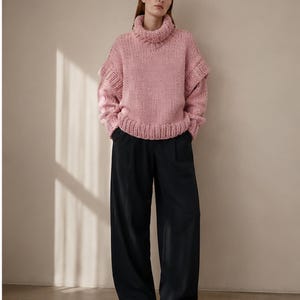 Pink chunky turtleneck sweater hand knit oversized cozy winter thick image 5