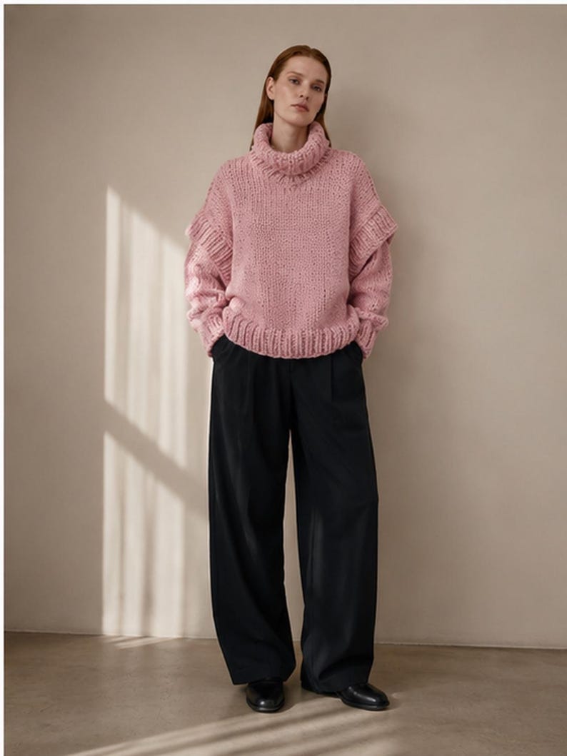 Pink chunky turtleneck sweater hand knit oversized cozy winter thick image 5