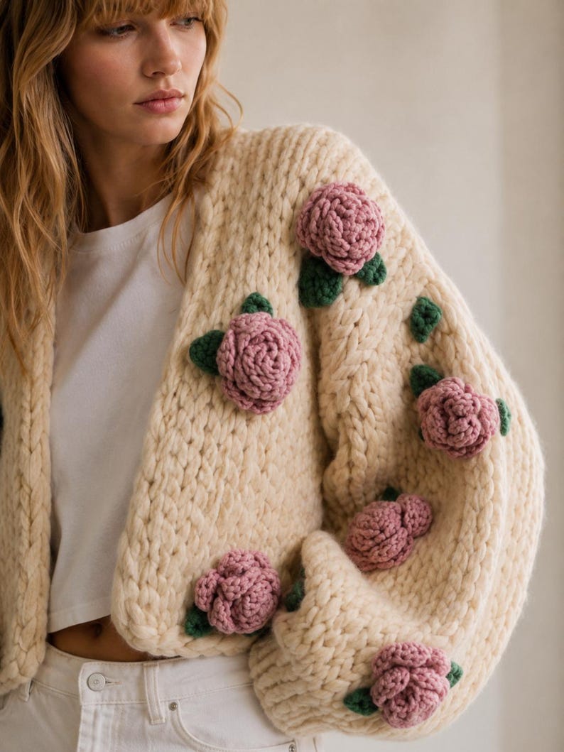 May include: Cream-colored, chunky knit cardigan adorned with multiple pink rose appliqu&eacute;s and green leaves. The sweater has a relaxed fit and long sleeves. A white t-shirt is visible underneath.