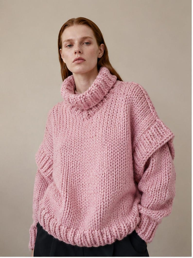Pink chunky turtleneck sweater hand knit oversized cozy winter thick image 1
