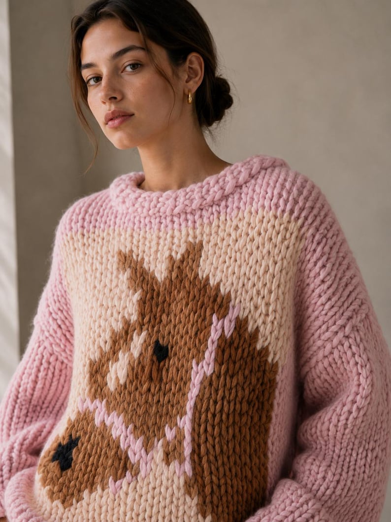 Maglione rosa con cavallo, lavorazione a maglia grossa intarsio, lavorato a mano, girocollo, oversize immagine 3