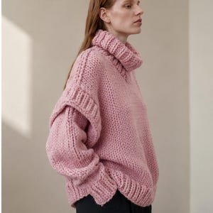 Pink chunky turtleneck sweater hand knit oversized cozy winter thick image 2