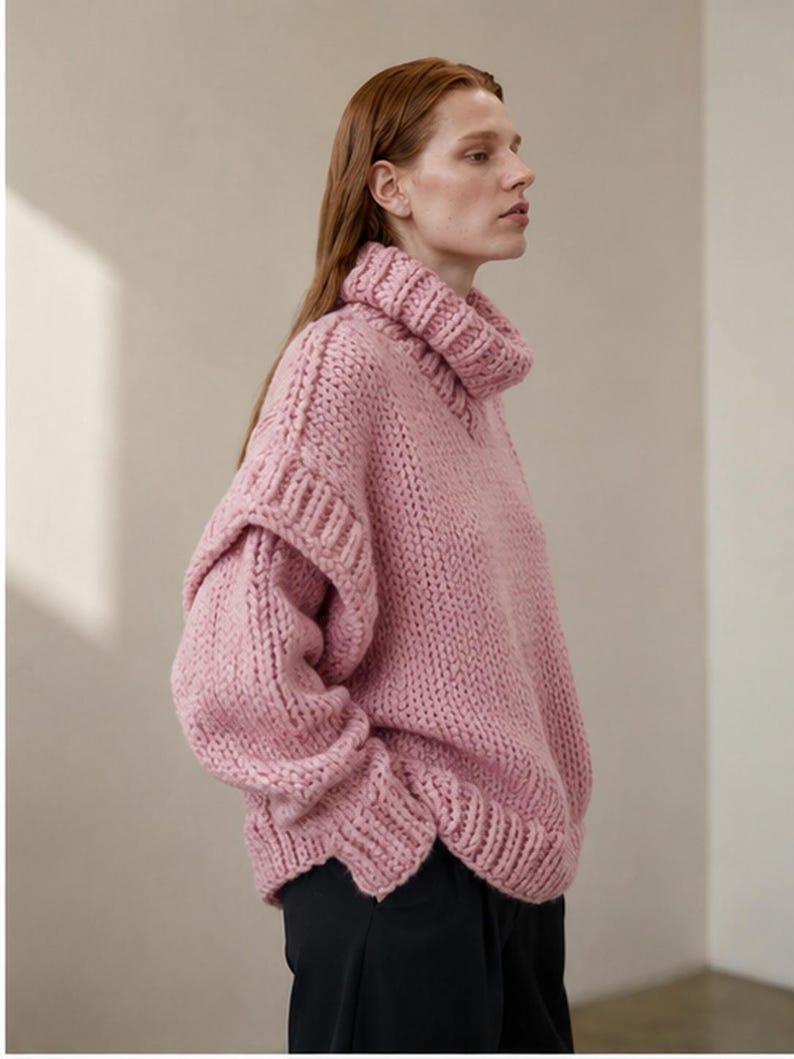 Pink chunky turtleneck sweater hand knit oversized cozy winter thick image 2