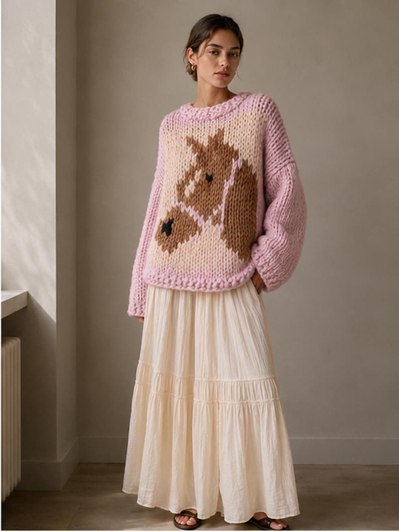 Maglione rosa con cavallo, lavorazione a maglia grossa intarsio, lavorato a mano, girocollo, oversize immagine 1