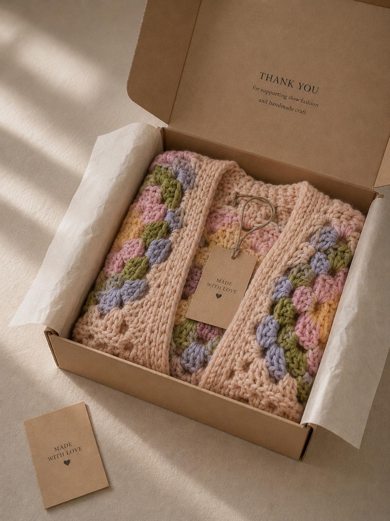 Pastel floral granny square cardigan crochet open front boho hand knit immagine 6