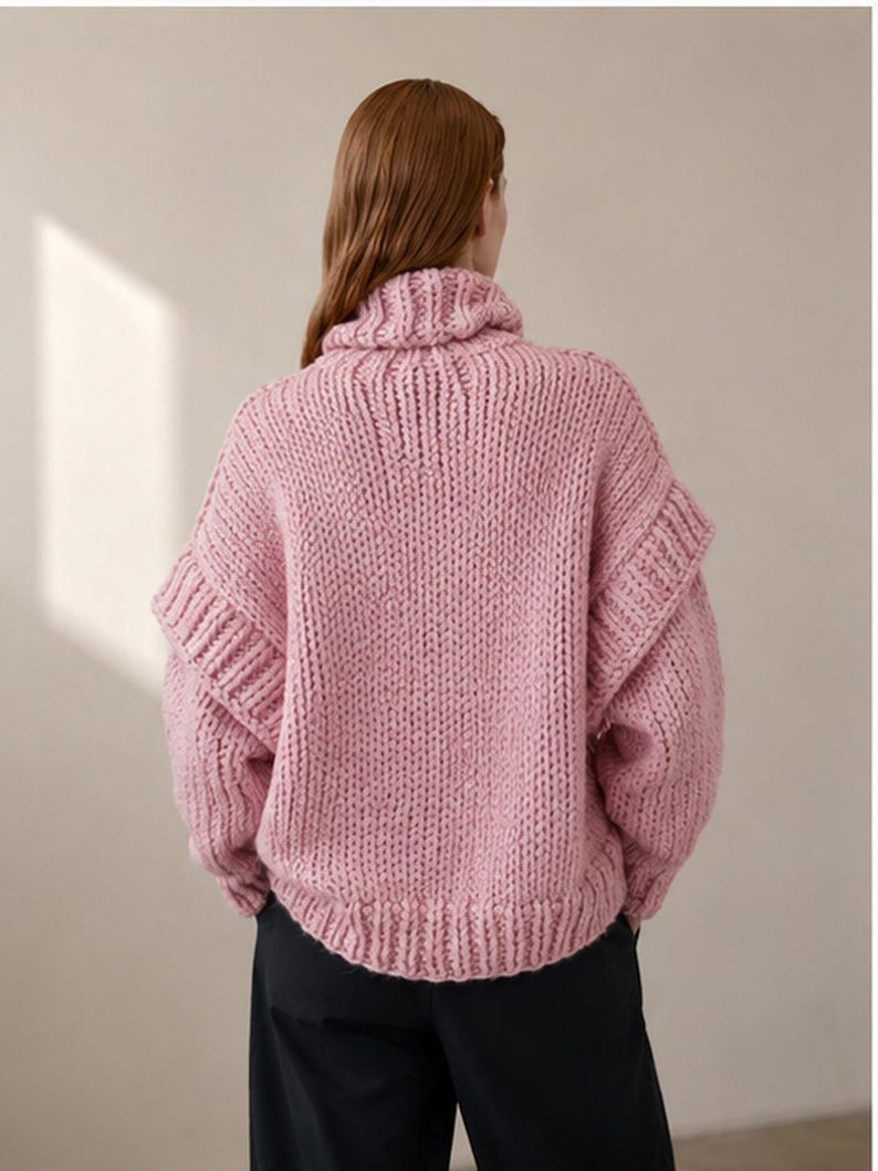 Pink chunky turtleneck sweater hand knit oversized cozy winter thick image 4