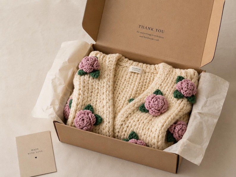 May include: Cream-colored, chunky knit cardigan adorned with crocheted pink roses and green leaves, presented in a brown cardboard box. The box includes a small card that says "Made with Love". The cardigan is a handmade item.