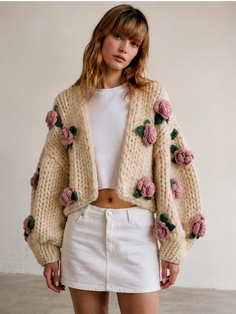 May include: Cream-colored, chunky knit cardigan adorned with pink rose appliqu&eacute;s and green leaves. The open-front sweater has long sleeves and is a statement piece. The cardigan is a unique, handmade garment.