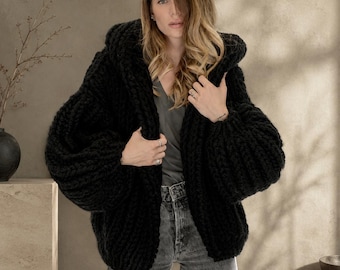 Handmade Mohair Blend Hooded Cardigan: Chunky Knit Open-Front Sweater