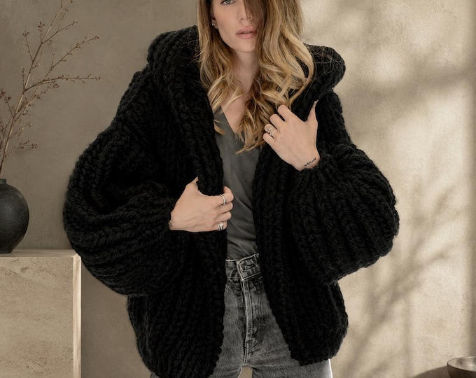 Handmade Mohair Blend Hooded Cardigan: Chunky Knit Open-Front Sweater