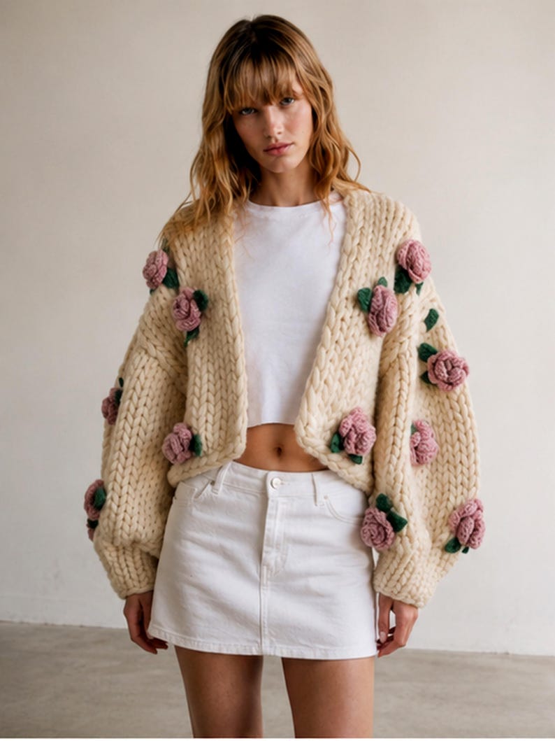 May include: Cream-colored, chunky knit cardigan adorned with multiple pink and green crocheted roses. The open-front sweater has long sleeves and is worn with a white crop top and denim skirt. A stylish, handmade floral sweater.