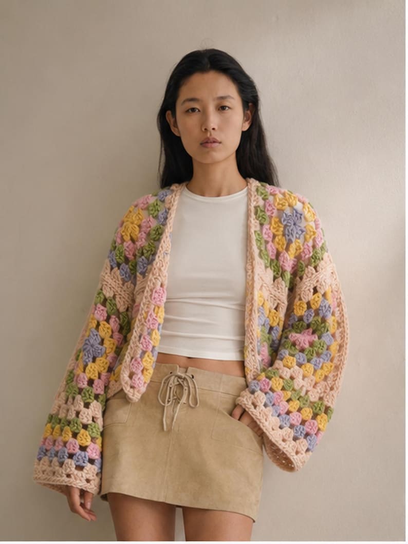 Pastel floral granny square cardigan crochet open front boho hand knit immagine 1