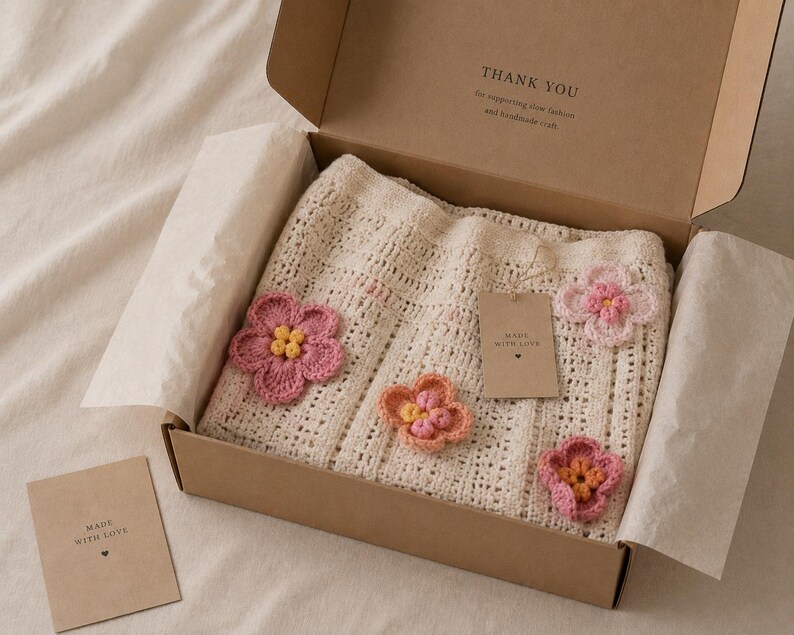 Pu&ograve; includere: Un capo all'uncinetto color crema con applicazioni floreali rosa e arancioni, presentato in una scatola di cartone marrone. La scatola include un piccolo tag che dice "Made with Love". Il coperchio della scatola ha il testo "Thank You".