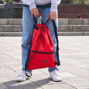 Multipurpose Drawstring Backpack With Pocket for Laptop, Multi-Use Backpack, Vegan Sack, Sport Tote, Gym Bag Red