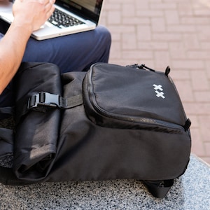 Black Roll Top Backpack – Water-Resistant Nylon Laptop Bag for Work, Travel & Everyday Use