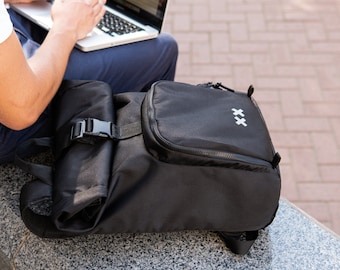 Black Roll Top Backpack – Water-Resistant Nylon Laptop Bag for Work, Travel & Everyday Use