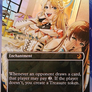 May include: A holographic trading card titled "Smothering Tithe" featuring anime-style illustrations of two women. The card text reads "Enchantment" and describes a game mechanic. The card has a gold and silver foil finish.
