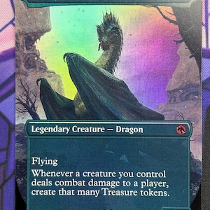 May include: A holographic trading card featuring "Old Gnawbone," a Legendary Dragon. The card displays a dragon with dark green scales against a colorful, iridescent background. Text includes "Flying" and game instructions. The card's power and toughness are 7/7.