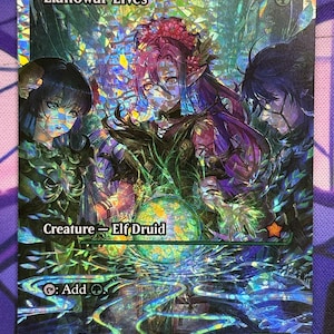 May include: A fantasy art card titled "Llanowar Elves" featuring three elven figures with long hair and floral adornments. The card has a holographic effect with a green and blue color scheme. Text includes "Creature - Elf Druid" and "Add".