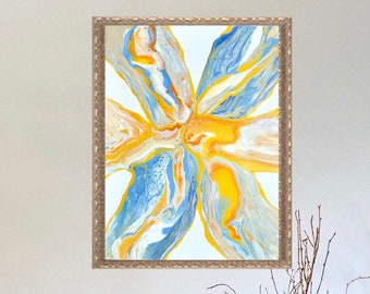 May include: Abstract painting in shades of blue, yellow, and white, framed in gold, hanging on a white wall with two decorative vases on the floor.