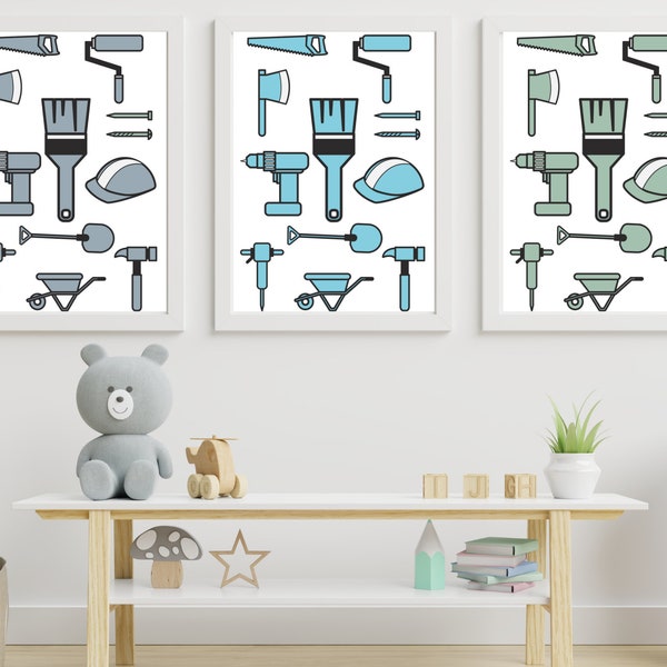 Bouwapparatuur afdrukbaar voor kids room speelkamer zaag penseel schroevendraaier hamer spijkers schop kruiwagen - INSTANT DOWNLOAD