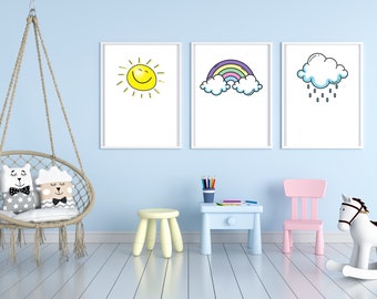 Sun, Rainbow, Rain Cloud! Adorable Cartoon Style Kids Room Play Room Printable - INSTANT DOWNLOAD