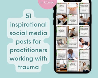Puede incluir: Un smartphone muestra 12 publicaciones inspiradoras en redes sociales para profesionales que trabajan con traumas. Las publicaciones incluyen citas e imágenes. Las palabras "Editable in Canva" están en un círculo rosa. El fondo es de color verde azulado claro.