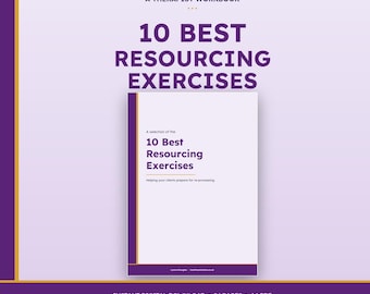 Puede incluir: Un cuaderno blanco titulado "10 Best Resourcing Exercises" con detalles morados y dorados. La portada dice "A Therapist Workbook". El texto adicional incluye "Descarga digital instantánea • 24 páginas • A4 PDF" y el nombre y sitio web del autor.