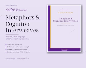 May include: A digital product advertisement for an EMDR resource titled "Metaphors & Cognitive Interweaves." The cover features text in a serif font, with a purple and white color scheme. The resource includes a 10-page PDF, metaphor prompts, and dyslexia-friendly typography.