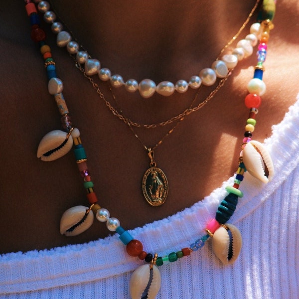 Beaded Cowrie Shell Necklaces/ Shell Jewelry/ Beachy Necklace/ Freshwater Pearl Necklace/ Trendy Summertime Jewelry/ Aesthetic Jewelry