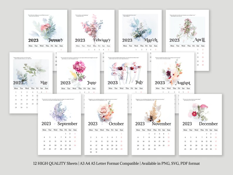 2023 Printable Calendar Flower Theme Wall Calendar 2023 Etsy