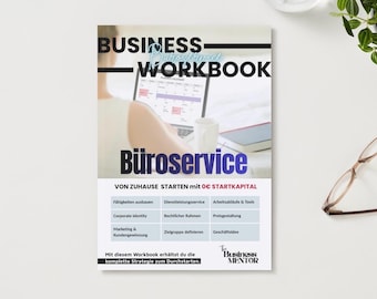 Pode incluir: Um caderno de exercícios de negócios intitulado "BUSINESS WORKBOOK" com a palavra "Büroservice" em letras azuis grandes. O caderno de exercícios está em uma superfície branca com um laptop, uma caneca e óculos.