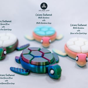 May include: Four colorful turtle-shaped fidget toys. The turtles feature a variety of colors, including matte rainbow, red, green, and blue. The text on the image says "Colors Featured: Red/Green/Blue with Glow in The Dark Keys."
