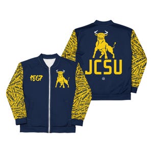 May include: Navy blue bomber jacket with a yellow bull logo and "JCSU" text. The sleeves feature yellow text on a navy background. The jacket has a white zipper and the number "1867" in yellow. A stylish and comfortable outerwear option.