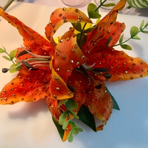 Orange Stargazer Lilies with Rhinestones and Yellow Orchid Tropical Hair Clip