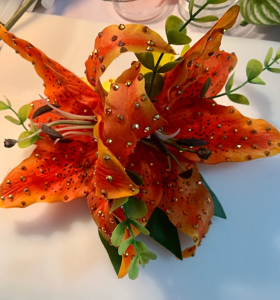 Orange Stargazer Lilies With Rhinestones and Yellow Orchid 