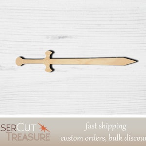 May include: A wooden sword cutout, approximately 7 inches long, with a simple design. The sword is made of unfinished wood and has a pointed tip.