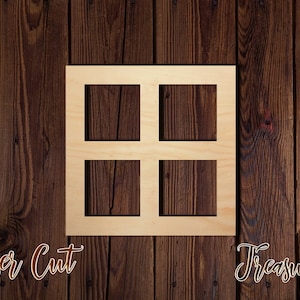 May include: A laser-cut wooden square frame with four interior square openings. The frame is made of light-colored wood and is set against a dark brown wood-grain background. The words "Laser Cut Treasure" are written in a decorative font.