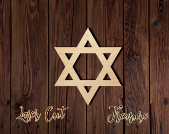 May include: A laser-cut wooden Star of David, a six-pointed star, is centered on a dark brown wooden background. The words "Laser Cut" and "Treasure" are written in a decorative font.