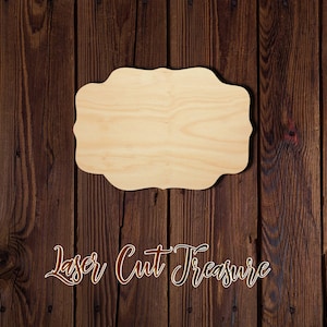 May include: A blank, unfinished, wooden sign with a scalloped edge. The sign is made of light-colored wood and is sitting on a dark brown wood background.