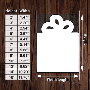 May include: A chart showing the dimensions of a gift tag in inches. The chart shows the height and width of the tag in inches. The tag is shaped like a rectangle with a bow on top.