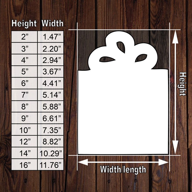 May include: A chart showing the dimensions of a gift tag in inches. The chart shows the height and width of the tag in inches. The tag is shaped like a rectangle with a bow on top.