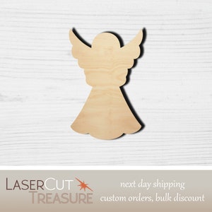 May include: Unfinished wooden angel cutout, perfect for crafting and decorating. The angel has wings and a flowing dress.
