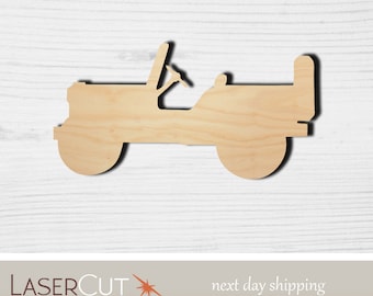 May include: Wooden cutout of a Jeep, a classic off-road vehicle. The cutout is made of unfinished wood and is ready to be painted or stained.