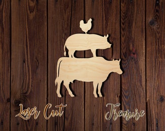 Cow Pig Chicken - Unfinished Laser Cut Wood Shape - 1/8&quot; Baltic Birch Plywood - Please read item description