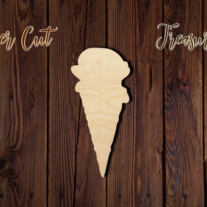 May include: A wooden cutout of an ice cream cone. The cutout is unfinished and ready to be painted or decorated. The cutout is laser cut and has a smooth surface.