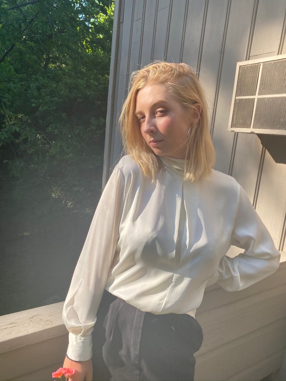 Vintage High Collared Silky White Shirt
