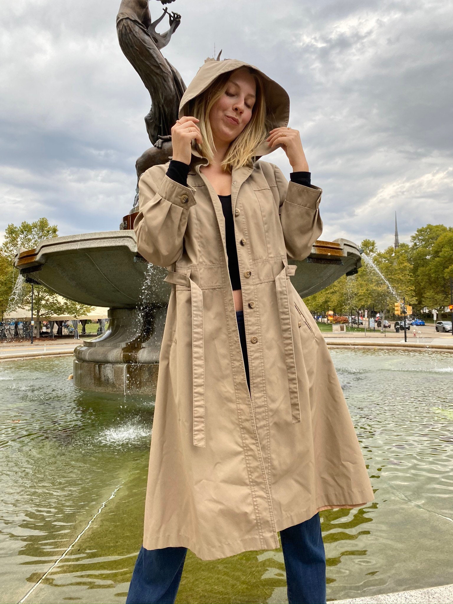 Vintage Beige Trench Coat With Wide Hood Etsy