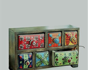 Indian Arts Fair Trade Blue Wooden Storage Chest With 9 Ceramic